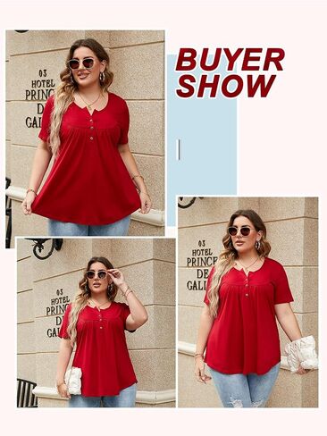 ROSRISS Womens-Plus-Size-Tops-Summer Buttons Up Henley Shirts V Neck Blouses Flowy Pleated Tunics Tee in Saudi Arabia