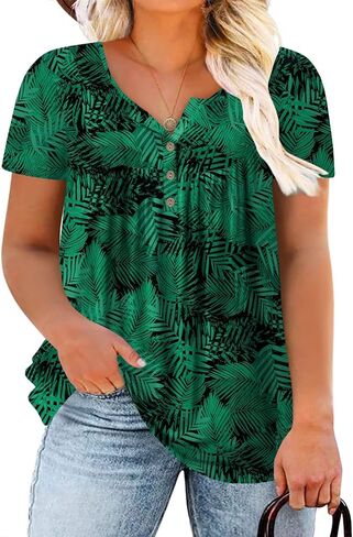ROSRISS Womens-Plus-Size-Tops-Summer Buttons Up Henley Shirts V Neck Blouses Flowy Pleated Tunics Tee in Saudi Arabia
