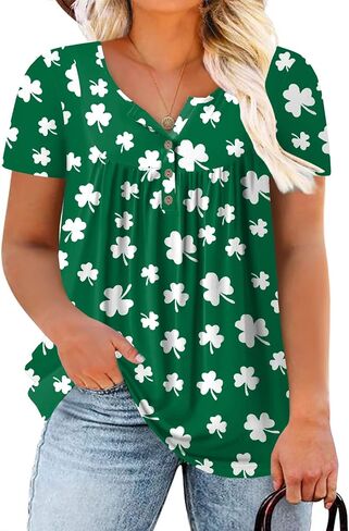 ROSRISS Womens-Plus-Size-Tops-Summer Buttons Up Henley Shirts V Neck Blouses Flowy Pleated Tunics Tee in Saudi Arabia