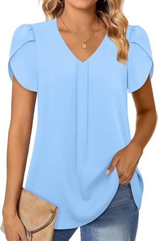 بلوزات نسائية أنيقة من Gaharu، قمصان شيفون كاجوال برقبة على شكل حرف V وأكمام قصيرة، قمصان تونيك in Kuwait
