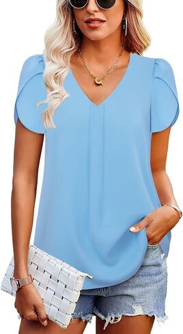 بلوزات نسائية أنيقة من Gaharu، قمصان شيفون كاجوال برقبة على شكل حرف V وأكمام قصيرة، قمصان تونيك in Kuwait
