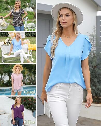 بلوزات نسائية أنيقة من Gaharu، قمصان شيفون كاجوال برقبة على شكل حرف V وأكمام قصيرة، قمصان تونيك in Kuwait