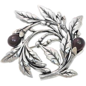 NOVICA Artisan Handmade Cultured Freshwater Pearl Brooch Pin .925 Sterling Silver Floral with Black Dyed Indonesia 'Ebony Buds' in Kuwait
