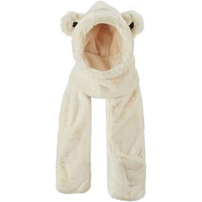 OHRAIN Warm Bear Hoodie Hat/Scarf/Gloves Set for Women Soft Plush Thick Hat Long Scarf Mitten 3-in-1 Multi-Functional Combo