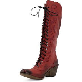 SO SIMPOK Lace Up Cowboy Boots for Women, Vintage Knee-High Cowgirl Boot, Low Heel Mid Calf Western Boots, Tall Square Toe Boot for Ladies