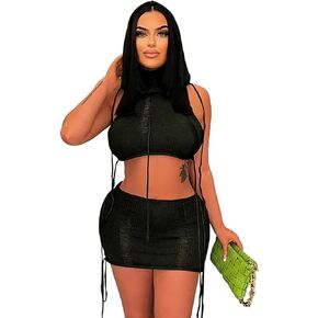 المرأة 2 قطعة تنورة وتتسابق الجوف خارج هوديي المحاصيل الأعلى Bodycon تنورة صغيرة الكروشيه محبوك ليلة خارج Y2k مجموعة