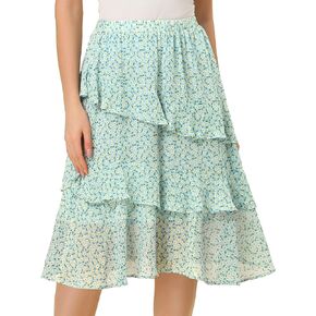 Allegra K Women's Floral Layered Elastic Waist Chiffon Ruffle Midi Skirt