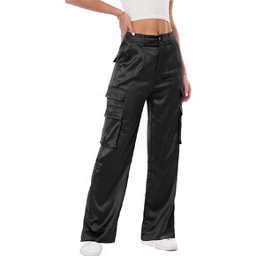 Women's Satin Cargo Wide Leg Pants Silky Party Dressy Casual Pocketed Pant Long Trouser