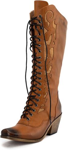 SO SIMPOK Lace Up Cowboy Boots for Women, Vintage Knee-High Cowgirl Boot, Low Heel Mid Calf Western Boots, Tall Square Toe Boot for Ladies in Saudi Arabia