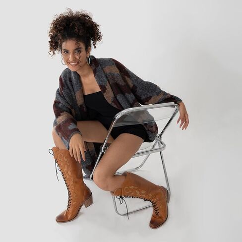 SO SIMPOK Lace Up Cowboy Boots for Women, Vintage Knee-High Cowgirl Boot, Low Heel Mid Calf Western Boots, Tall Square Toe Boot for Ladies in Saudi Arabia