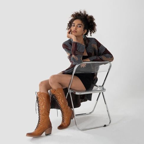 SO SIMPOK Lace Up Cowboy Boots for Women, Vintage Knee-High Cowgirl Boot, Low Heel Mid Calf Western Boots, Tall Square Toe Boot for Ladies in Saudi Arabia