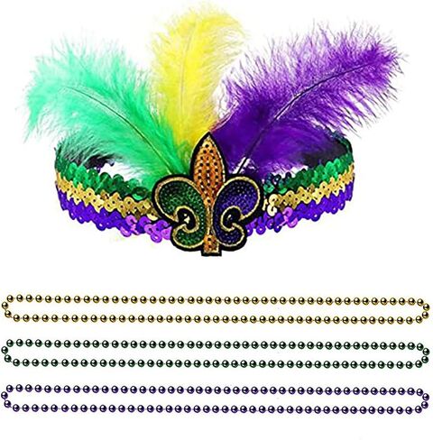LKQBBSZ Mardi Gras Costume Accessory Set, Faux Feather Headpiece,Mardi Gras Beads for Women and Girls in Saudi Arabia