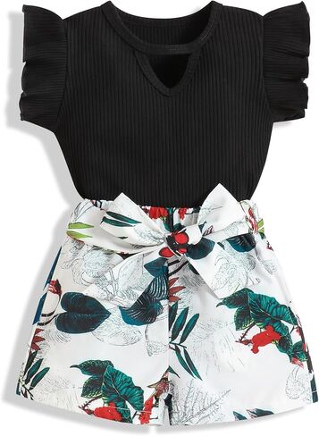 oklady Girl's Summer 2 Piece Outfits Short Sleeve T-shirt Top and Cute Pattern, Floral Short Sets Girls Outfits in Kuwait