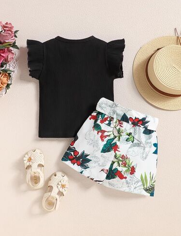 oklady Girl's Summer 2 Piece Outfits Short Sleeve T-shirt Top and Cute Pattern, Floral Short Sets Girls Outfits in Kuwait