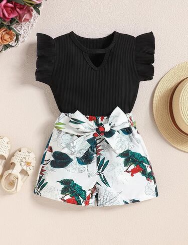 oklady Girl's Summer 2 Piece Outfits Short Sleeve T-shirt Top and Cute Pattern, Floral Short Sets Girls Outfits in Kuwait