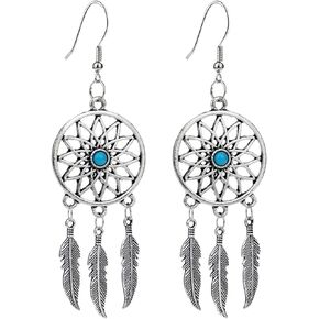 Blue Turquoise Dream Catcher Feather Earrings for Women Girls Vintage Bohemian Western Jewelry Native American Indian Dream Catcher Feather Dangle Earrings Fashion Punk Cool Turquoise Feather Hollow Earrings Boho National Style Ear Drop Earrings Leaf Feat