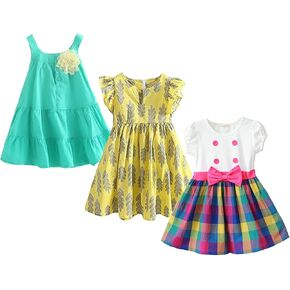 ABALACOCO 3 قطعة فستان بناتي للأطفال من القطن بدون أكمام فستان صيفي غير رسمي مطبوع عليه زهور ربطة عنق توتو للحفلات 2-10T in Kuwait