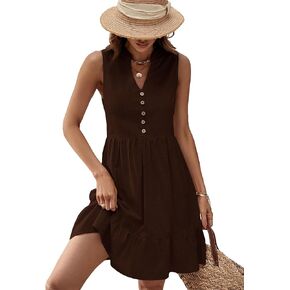 SweatyRocks Women's Notched V Neck Knee Length Tank Dress Solid Ruffle Hem Smock Dresses
