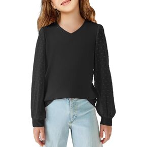 Girls Swiss Dot Blouse Kids Fashion V Neck Balloon Long Sleeve Shirts Tops 7-14 Years