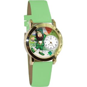 هدايا غريبة الأطوار ساعة عيد القديس باتريك الأيرلندية ثلاثية الأبعاد | لمسة نهائية ذهبية أو فضية | الجدة الممتعة الفريدة | مصنوع يدويًا في الولايات المتحدة الأمريكية | حزام الساعة من الجلد الأخضر in Kuwait