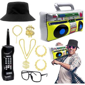 WUEURU 9 قطع ملابس مغني الراب الرائعة 80s/90s الهيب هوب مجموعة إكسسوارات زي حية قابلة للنفخ راديو Boombox الهاتف الذهبي قلادة أقراط حلقة سوار، قبعة دلو النظارات الشمسية، ديكورات الحفلات التنكرية in Kuwait