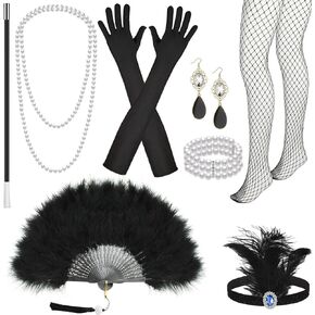 8 Pcs 1920s Flapper Costume Accessories Set Black Feather Fan 1920s Costume Jewelry Headband Earrings Necklace Gloves Holder Bracelet Fishnet Tights 1920s Costume for Women in Kuwait