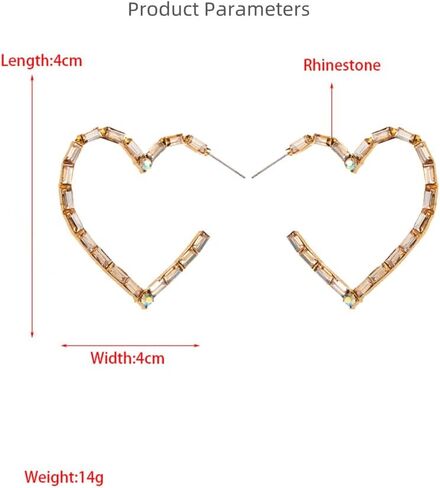 Rhinestone Heart Dangle Big Hoop Earrings for Women Girls Gold Plated Rectangle Crystal Love Shaped Charms Drop Lightweight Fashion Festival Holiday Birthday Jewelry Gifts in Saudi Arabia
