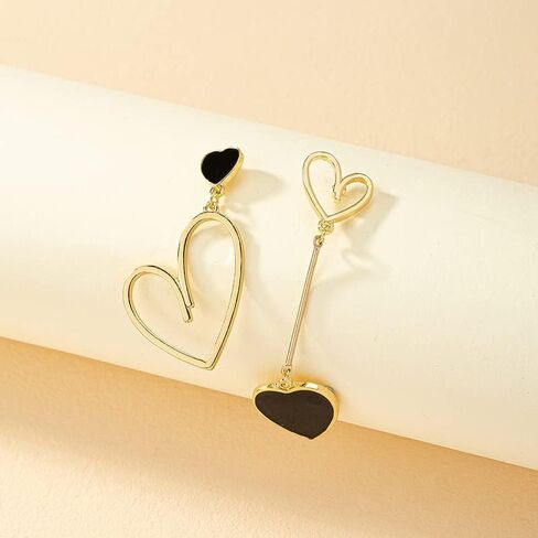Big Heart Earrings Asymmetrical Lover Pendant Earrings Stylish Black and Rose Gold Heart Dangle Earrings Gold Earrings Love Dangle Earrings in Saudi Arabia