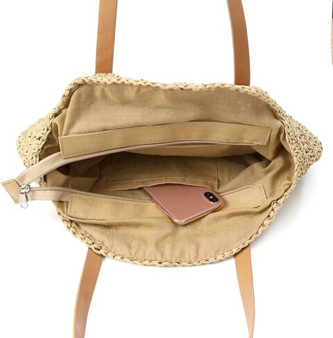 حقيبة الشاطئ النسائية المصنوعة يدويًا من القش من CHIC DIARY، حقيبة يد كبيرة للشاطئ الصيفية بمقابض جلدية مع سحاب in Kuwait