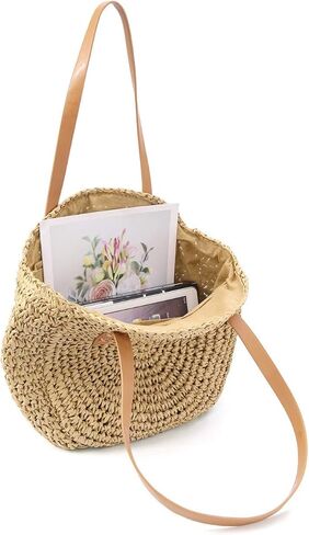 حقيبة الشاطئ النسائية المصنوعة يدويًا من القش من CHIC DIARY، حقيبة يد كبيرة للشاطئ الصيفية بمقابض جلدية مع سحاب in Kuwait