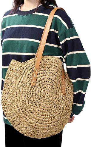 حقيبة الشاطئ النسائية المصنوعة يدويًا من القش من CHIC DIARY، حقيبة يد كبيرة للشاطئ الصيفية بمقابض جلدية مع سحاب in Kuwait