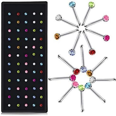 Tvoip 120Pcs 22G 2mm 316L Stainless Steel Crystal Nose Ring Set Women Girl Surgical Steel Nose Piercing Crystal Nose Stud Lot Body Jewelry in Saudi Arabia