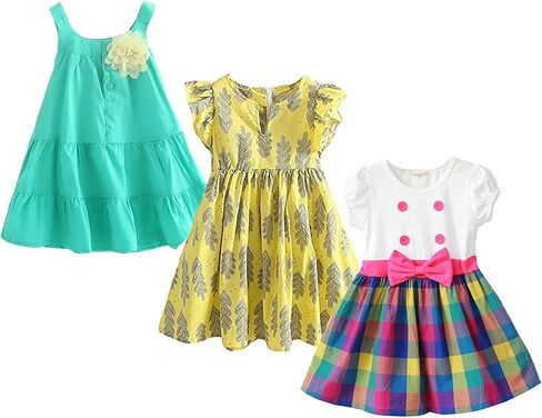 ABALACOCO 3 قطعة فستان بناتي للأطفال من القطن بدون أكمام فستان صيفي غير رسمي مطبوع عليه زهور ربطة عنق توتو للحفلات 2-10T in Kuwait