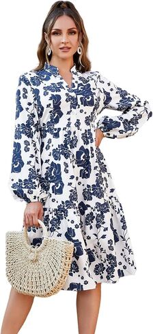 Floerns Women's Floral Print V Neck Ruffle Hem Lantern Long Sleeve Midi Dress in Saudi Arabia