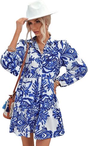 Floerns Women's Floral Print V Neck Ruffle Hem Lantern Long Sleeve Midi Dress in Saudi Arabia