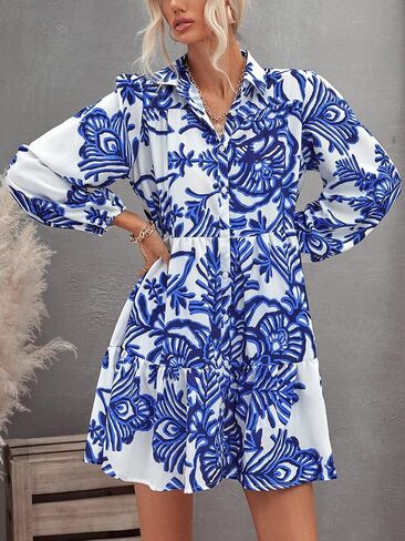 Floerns Women's Floral Print V Neck Ruffle Hem Lantern Long Sleeve Midi Dress in Saudi Arabia