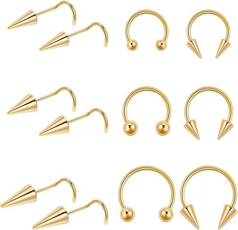 vegolita 12pcs 316L الفولاذ المقاوم للصدأ طويل سبايك الحاجز الأنف خواتم للنساء الرجال طويل سبايك الأنف ترصيع حدوة الحصان الأنف خواتم الحاجز الدائري الأنف ثقب المجوهرات in Kuwait