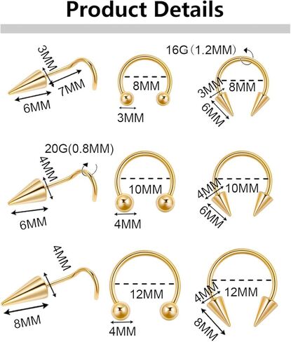 vegolita 12pcs 316L الفولاذ المقاوم للصدأ طويل سبايك الحاجز الأنف خواتم للنساء الرجال طويل سبايك الأنف ترصيع حدوة الحصان الأنف خواتم الحاجز الدائري الأنف ثقب المجوهرات in Kuwait