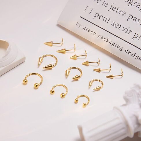 vegolita 12pcs 316L الفولاذ المقاوم للصدأ طويل سبايك الحاجز الأنف خواتم للنساء الرجال طويل سبايك الأنف ترصيع حدوة الحصان الأنف خواتم الحاجز الدائري الأنف ثقب المجوهرات in Kuwait