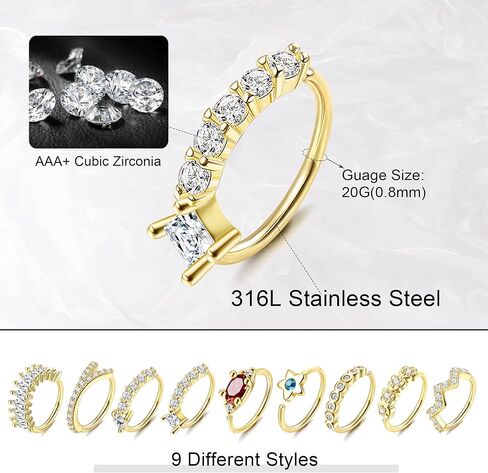 Drperfect 9Pcs 20G Nose Ring Hoop Stainless Steel Paved CZ Cartilage Earrings Hoop Nose Piercing Jewelry for Women Men Silver Gold Rose Gold Black Nose Ring Hoop in Saudi Arabia