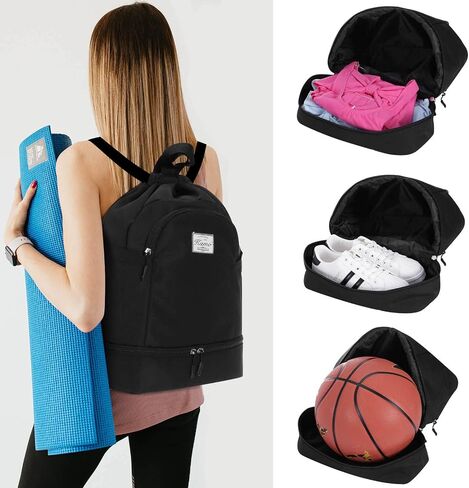 KAMO Drawstring Backpack Bag - Sport Swimming Yoga Backpack with Shoe Compartment, Two Water Bottle Holder for Men Women Large String Backpack Athletic Sackpack for Travel in Saudi Arabia