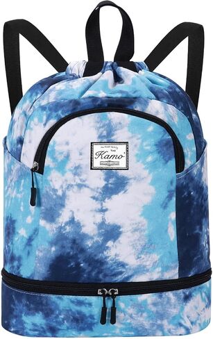 KAMO Drawstring Backpack Bag - Sport Swimming Yoga Backpack with Shoe Compartment, Two Water Bottle Holder for Men Women Large String Backpack Athletic Sackpack for Travel in Saudi Arabia