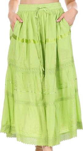 Sakkas Solid Embroidered Bohemian Mid Length Cotton Skirt in Saudi Arabia