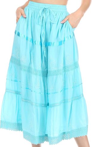Sakkas Solid Embroidered Bohemian Mid Length Cotton Skirt in Saudi Arabia