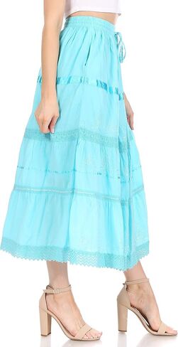 Sakkas Solid Embroidered Bohemian Mid Length Cotton Skirt in Saudi Arabia