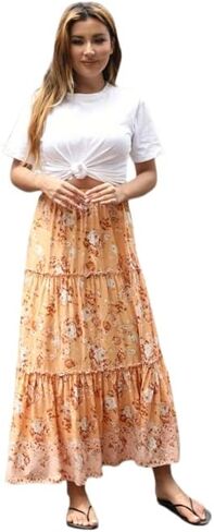 تنورة نسائية طويلة من ForMode بطباعة بوهو بخصر عالٍ وطباعة بوهيمية جانبية مع جيوب in Kuwait