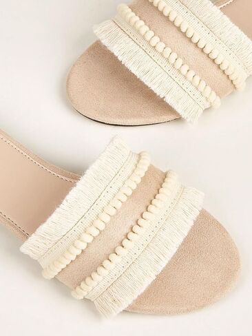 OYOANGLE Women's Fringe Trim Satin Open Toe Flat Slide Sandals Summer Casual Slip on Dressy Sandals in Saudi Arabia