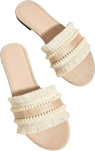 OYOANGLE Women's Fringe Trim Satin Open Toe Flat Slide Sandals Summer Casual Slip on Dressy Sandals in Saudi Arabia