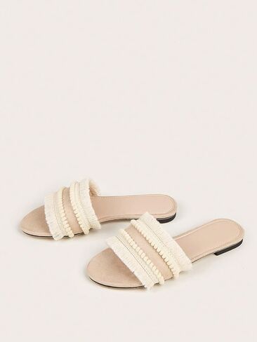 OYOANGLE Women's Fringe Trim Satin Open Toe Flat Slide Sandals Summer Casual Slip on Dressy Sandals in Saudi Arabia