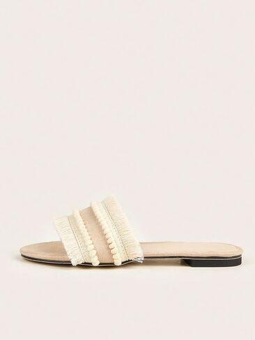OYOANGLE Women's Fringe Trim Satin Open Toe Flat Slide Sandals Summer Casual Slip on Dressy Sandals in Saudi Arabia